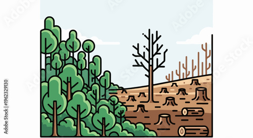 Contrast between lush forest and barren, deforested land with stumps