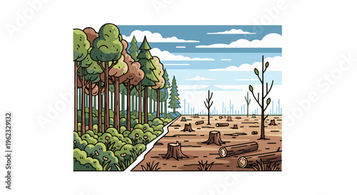 Contrast between lush forest and barren, deforested land