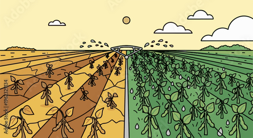 Contrasting fields showing arid crops on left and lush crops on right with irrigation