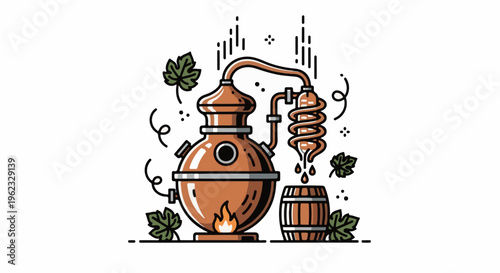 Copper still with coiled condenser, dripping into barrel, surrounded by leaves