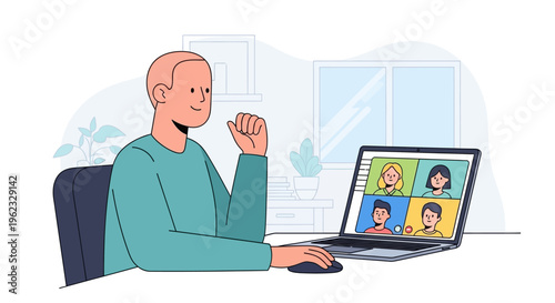 Man participating in a video conference call from his home office.