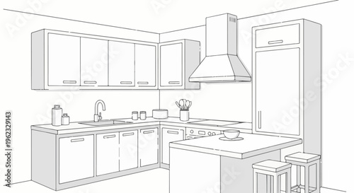Corner kitchen layout with island, cabinets, sink, stove, and fridge