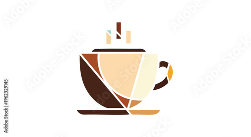 A geometric illustration of a coffee cup with a saucer, and a stylized design with steam. The cup is composed of geometric shapes