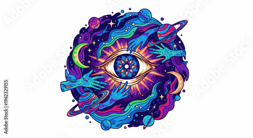 Cosmic eye with hands and celestial bodies reaching towards it