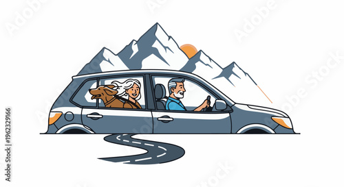 Couple and dog enjoy scenic mountain drive at sunset