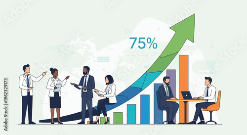 Business professionals discuss growth strategy with data analytics chart.