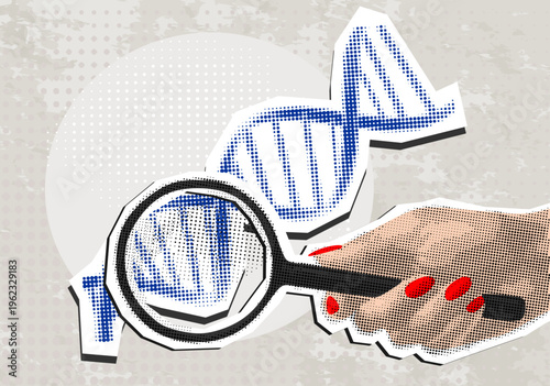 DNA analysis. Trendy Halftone Collage with DNA and Magnifying glass in hand. For mixed media design vintage dotted pop art style grunge punk template. vector illustration