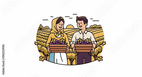 Couple harvests grapes in sunlit vineyard, bringing in autumn bounty