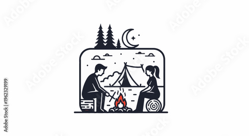 Couple camping by fire under starry night sky with crescent moon