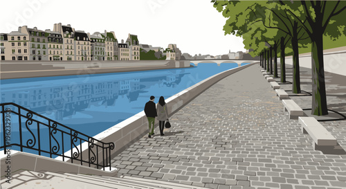 Couple walking by a river lined with trees and historic buildings