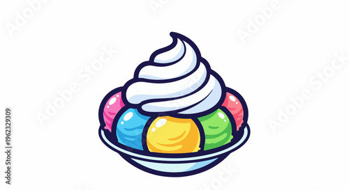Colorful ice cream sundae with swirls of white cream