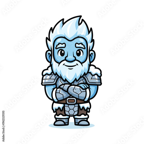 A cartoon character with light blue skin, white hair, a beard, and armor is depicted with arms crossed. He has a friendly, yet stern expression
