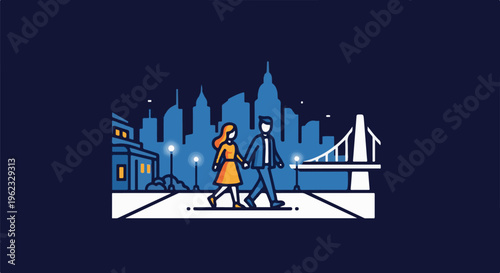 Couple walking hand-in-hand across a crosswalk at night with city skyline