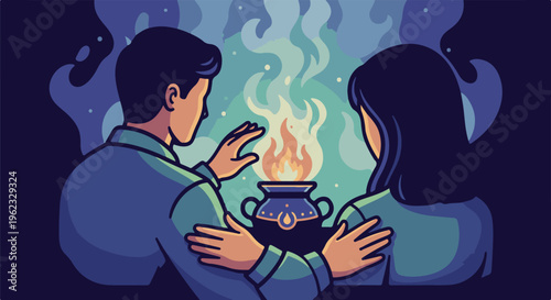 Couple warms hands over mystic glowing cauldron fire at night