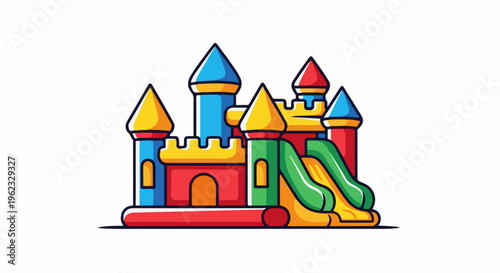 Colorful inflatable castle with slides and turrets