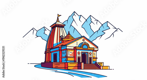 Colorful illustration of a temple nestled against snow-capped mountains
