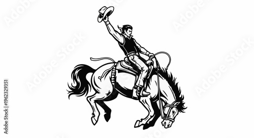 Cowboy on bucking bronco, raising hat. Black and white illustration