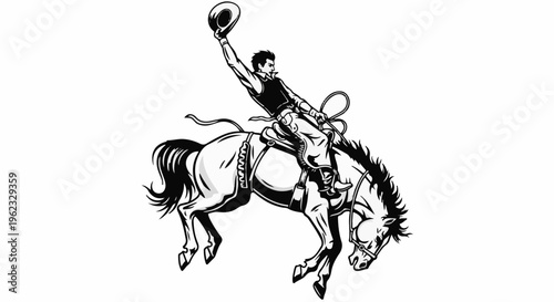 Cowboy on bucking horse, lasso raised, hat in air