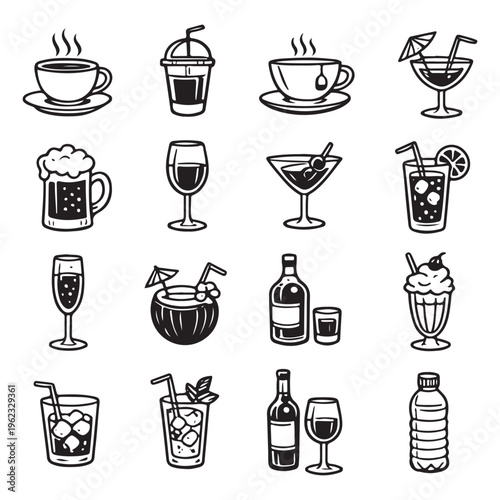 Monochrome Drink Line Art Icon Set – Minimal Beverage Vector Collection