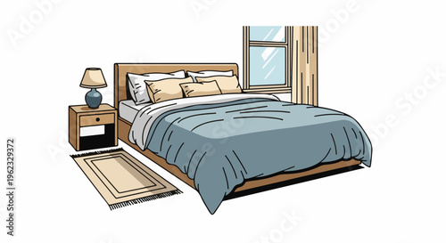 Cozy bedroom scene with a made bed, nightstand, lamp, rug, and window