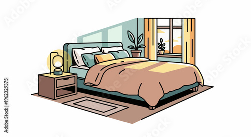 Cozy bedroom with a plush bed, bedside table, lamp, and a sunlit window