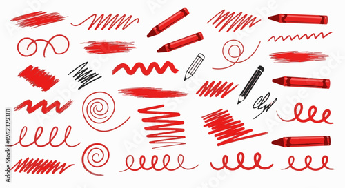 Collection of red crayon and pencil scribbles, strokes, and swirls
