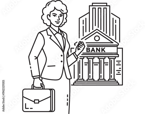 Woman standing with briefcase and bank building in background featuring businesswoman, finance, career with profession and suit elements for money,