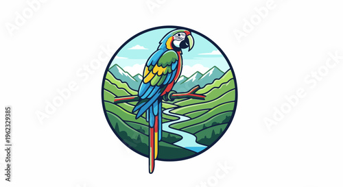 Colorful macaw perches on branch against backdrop of rolling hills