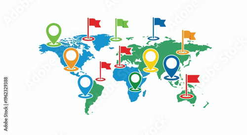 Colorful map with location pins and flags marking various global points