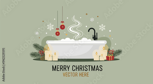 Cozy Christmas bath with candles, baubles, snowflakes, and steam