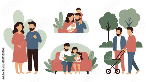 Young family icons parents with children, including baby and pregnant mom, showing family life and relationships.