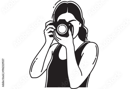 Camera woman photographer with dark hair taking pictures... featuring photography, portrait, illustration with vector and graphic elements for icon,