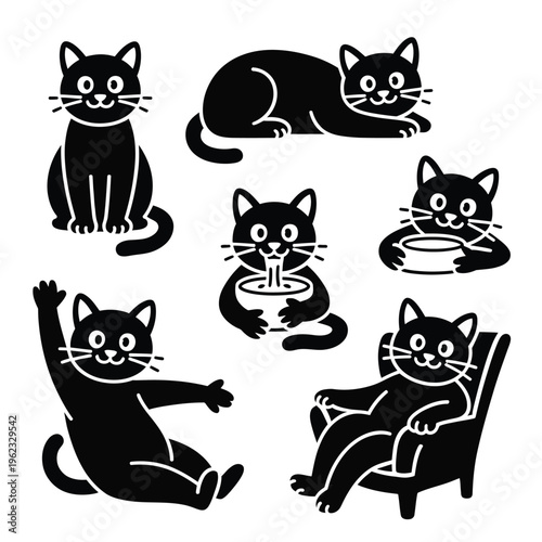 Black cats in various poses and actions cartoon cats