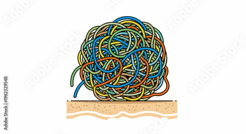 Colorful tangled strands form a chaotic ball on a sandy surface