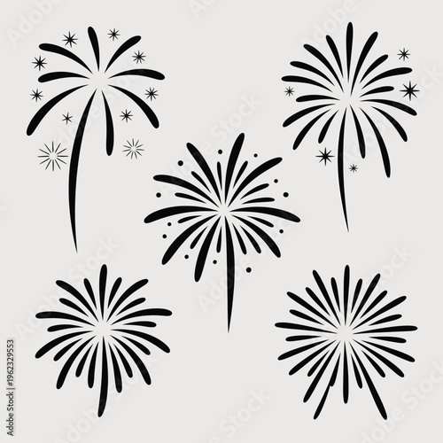 Black firework silhouettes on light gray background