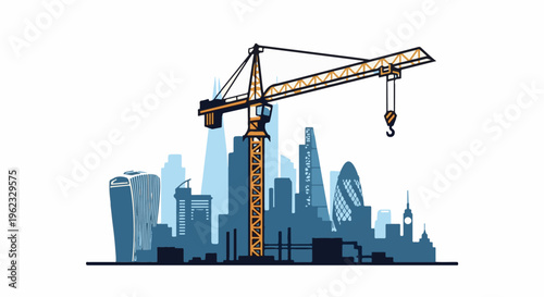 Construction crane looms over a stylized city skyline with modern skyscrapers