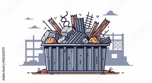 Construction debris fills a dumpster with debris and hard hats
