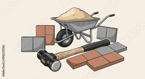 Construction materials including sand, pavers, and a mallet