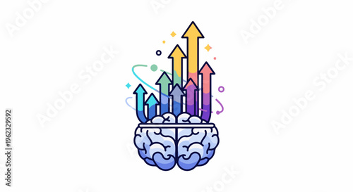 Colorful upward arrows emerge from a stylized brain
