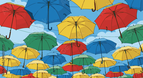 Colorful umbrellas suspended in the sky against a cloudy blue backdrop