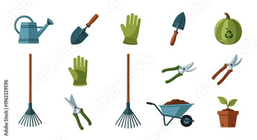 Flat Design Gardening Tools Set: Watering Can, Shovel, Rake, Gloves, Pruners, Wheelbarrow & Sustainable Garden Concept Illustration