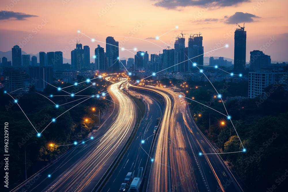 Fototapeta premium An image shows a city with connected sensors, traffic systems, and IoT devices. Discuss how IT supports smart city infrastructure