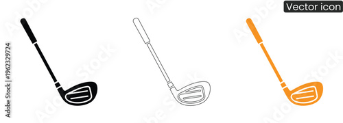 Vector set of golf club icons in black, line art, and orange on white background, ideal for sports, golfing, and equipment concepts