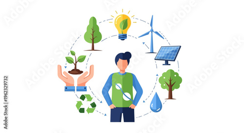 Environmental Sustainability Concept: Person, Renewable Energy, Nature, and Recycling in a Circular Flow