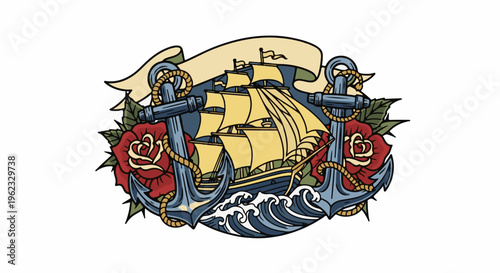 Classic sailing ship with anchors and roses, a nautical tattoo design