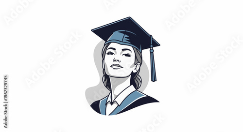 Confident graduate woman in academic cap and gown, looking up