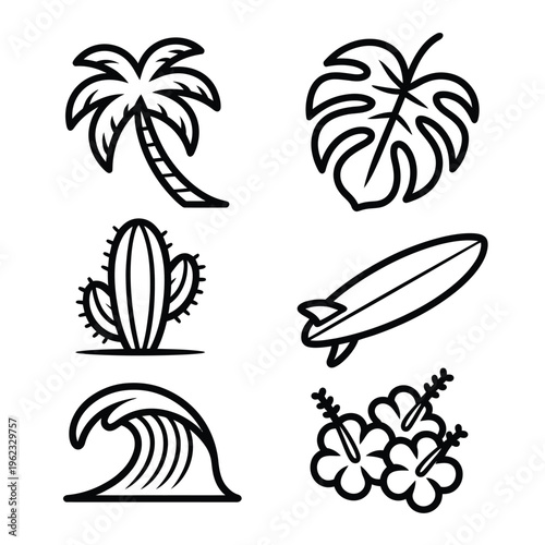Black line of tropical plants and beach palm tree monstera leaf