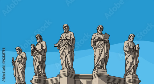 Classical stone statues stand against a vibrant blue sky