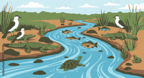 Diverse Wildlife Ecosystem in a Winding River.