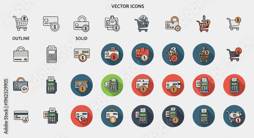 Collection of vector icons representing payment and shopping concepts